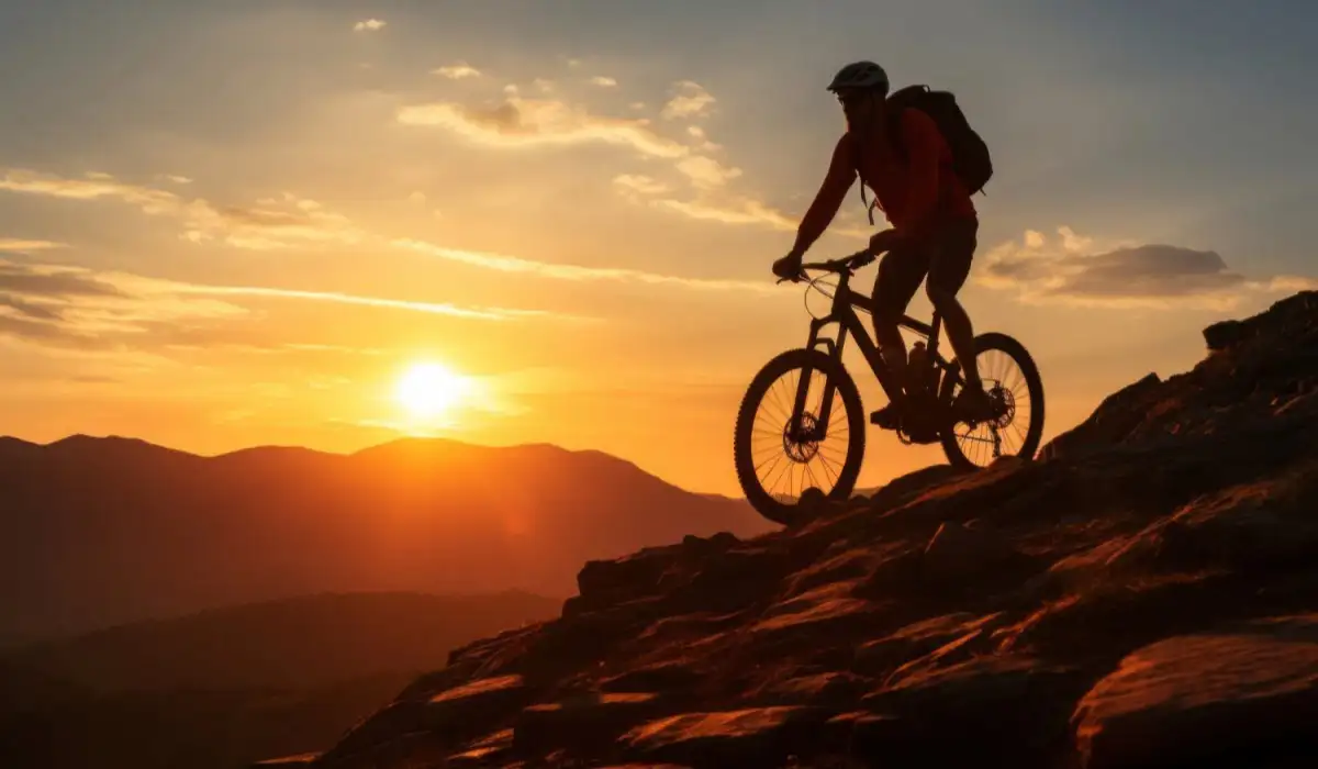 Person mountain cycling at sunset