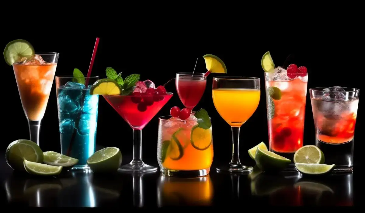 7 cocktails with a black background