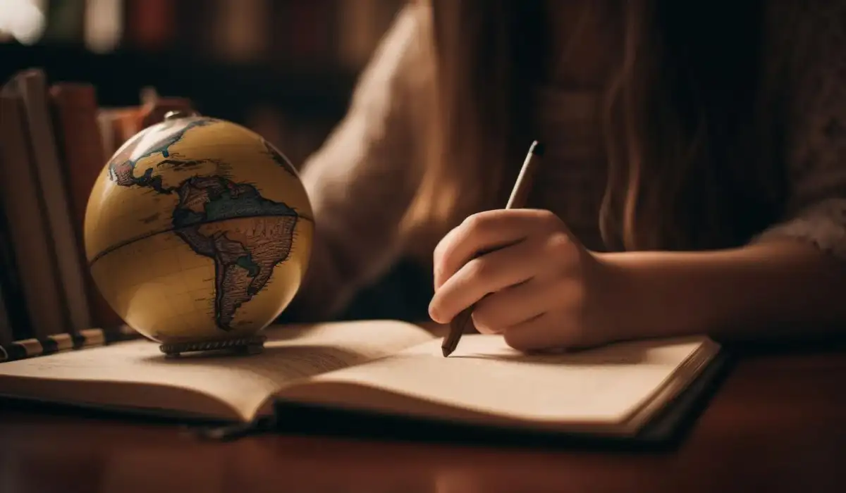 A student writing on a notebook with a globe of the Earth next to him