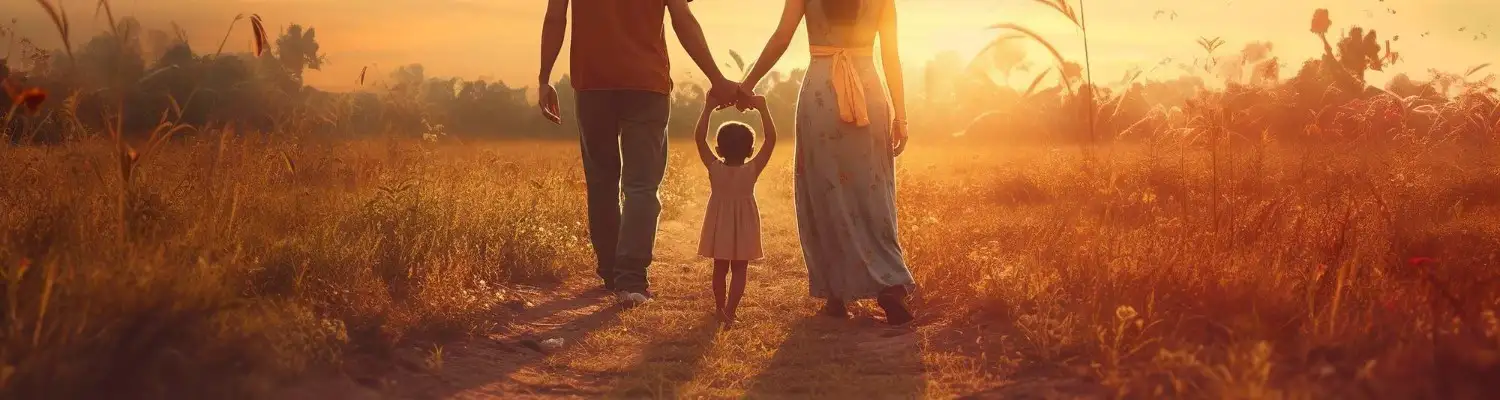 Mom and dad with their child walking at sunset