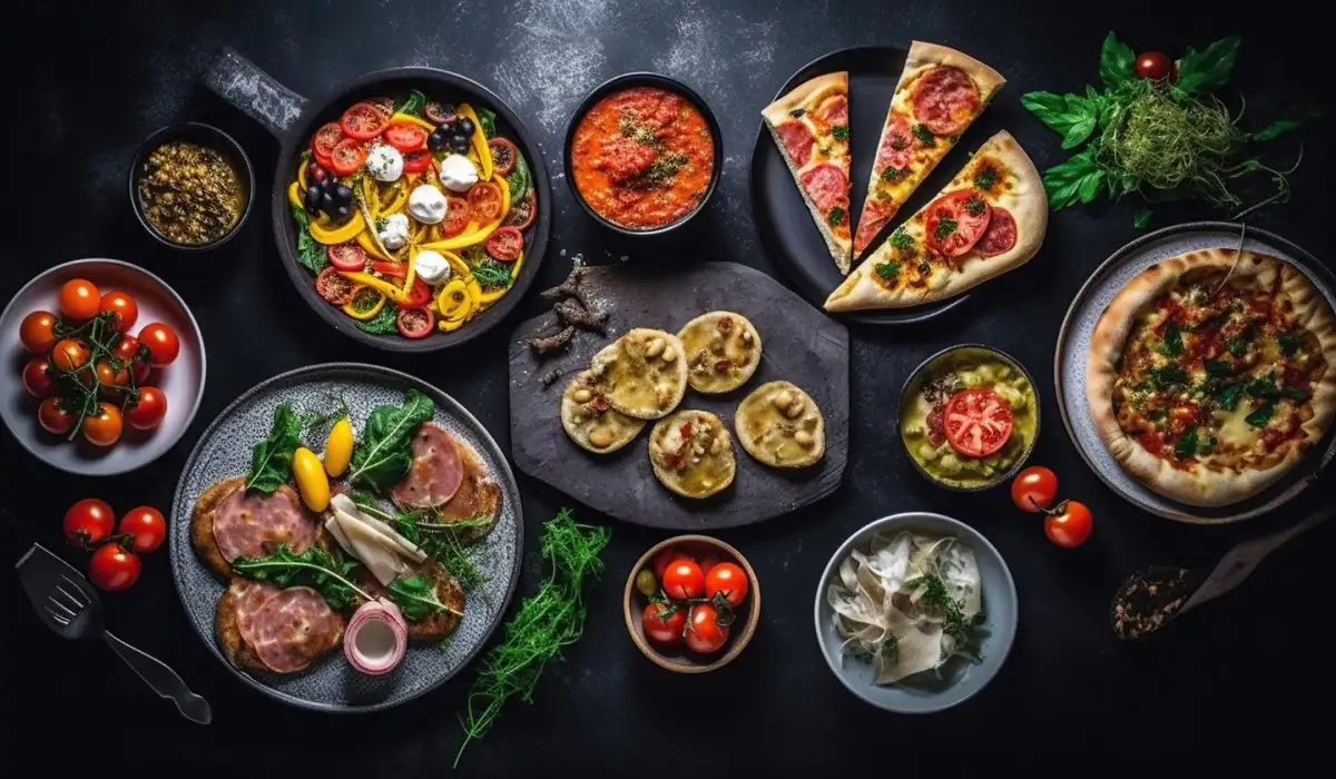 Plates with different cuisines, pizza, tomatoes, tacos