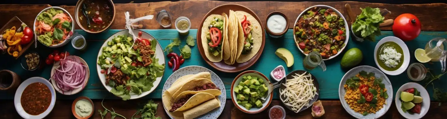 Plates with different cuisines, tacos, vegetables
