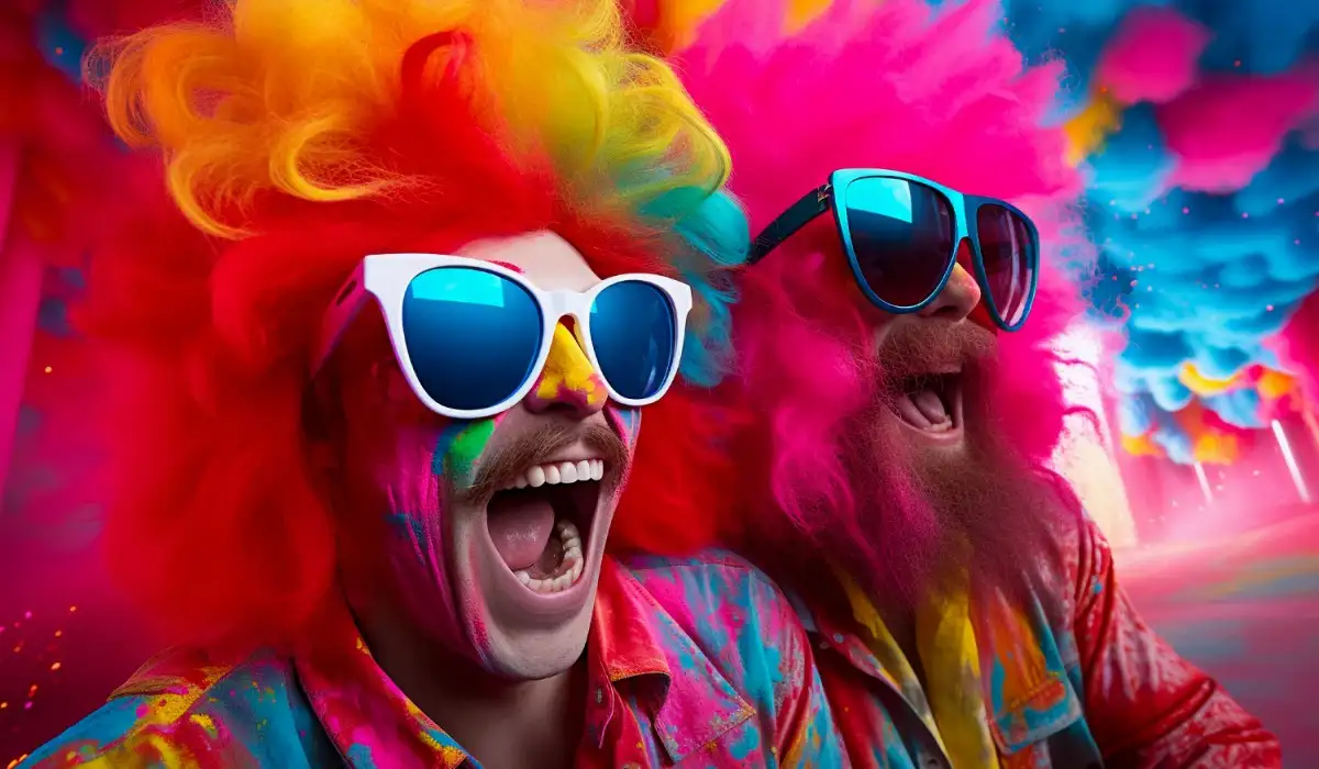 Two persons wearing colorful wigs and sunglasses and having fun