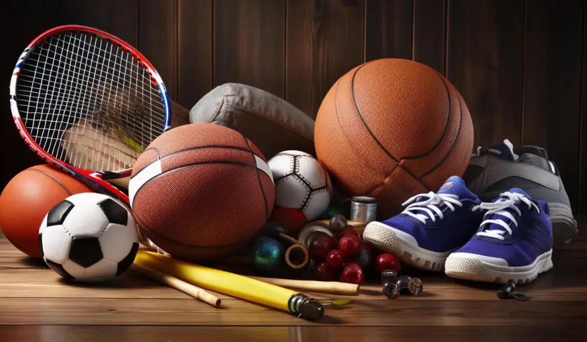 Sports instruments, basketball, football, tennis racket