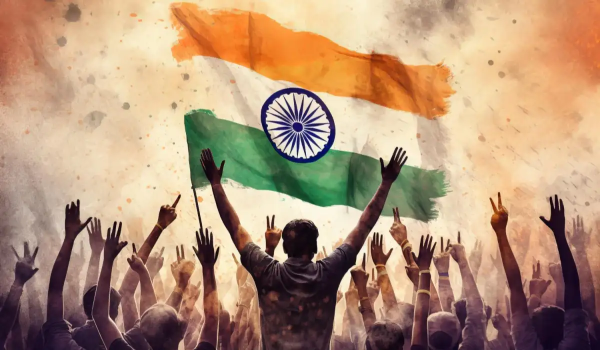 India flag waving and people celebrating