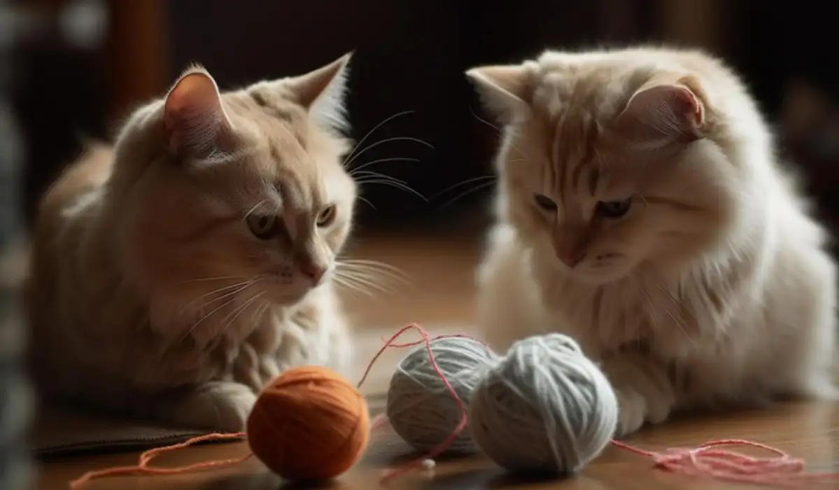 Two cats playing with a wool ball