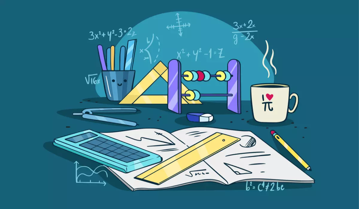 Various mathematical instruments, calculator, rulers, notebook and math symbols