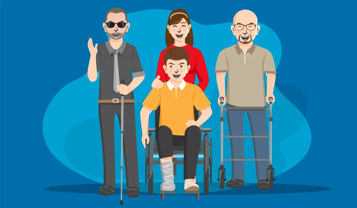 Illustration of four people with disabilities, a blind person and a person on a wheelchair