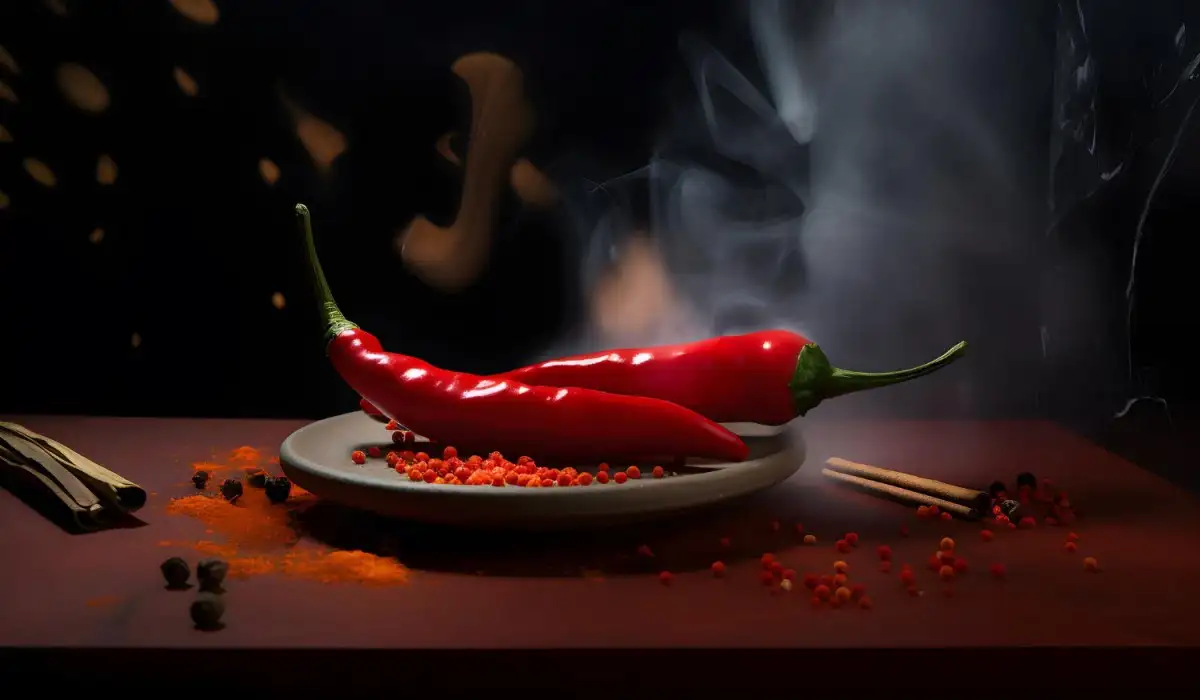 Plate with chili peppers on the table and smoke coming out of it