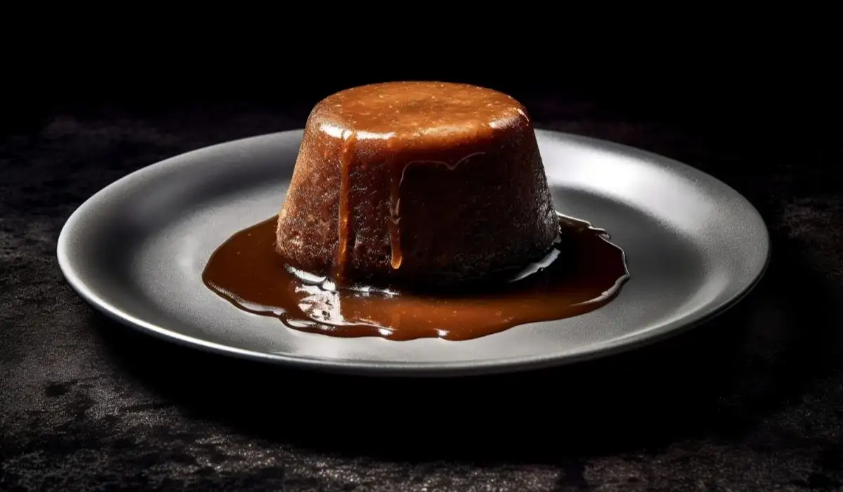 Wonderful chestnut pudding on black plate