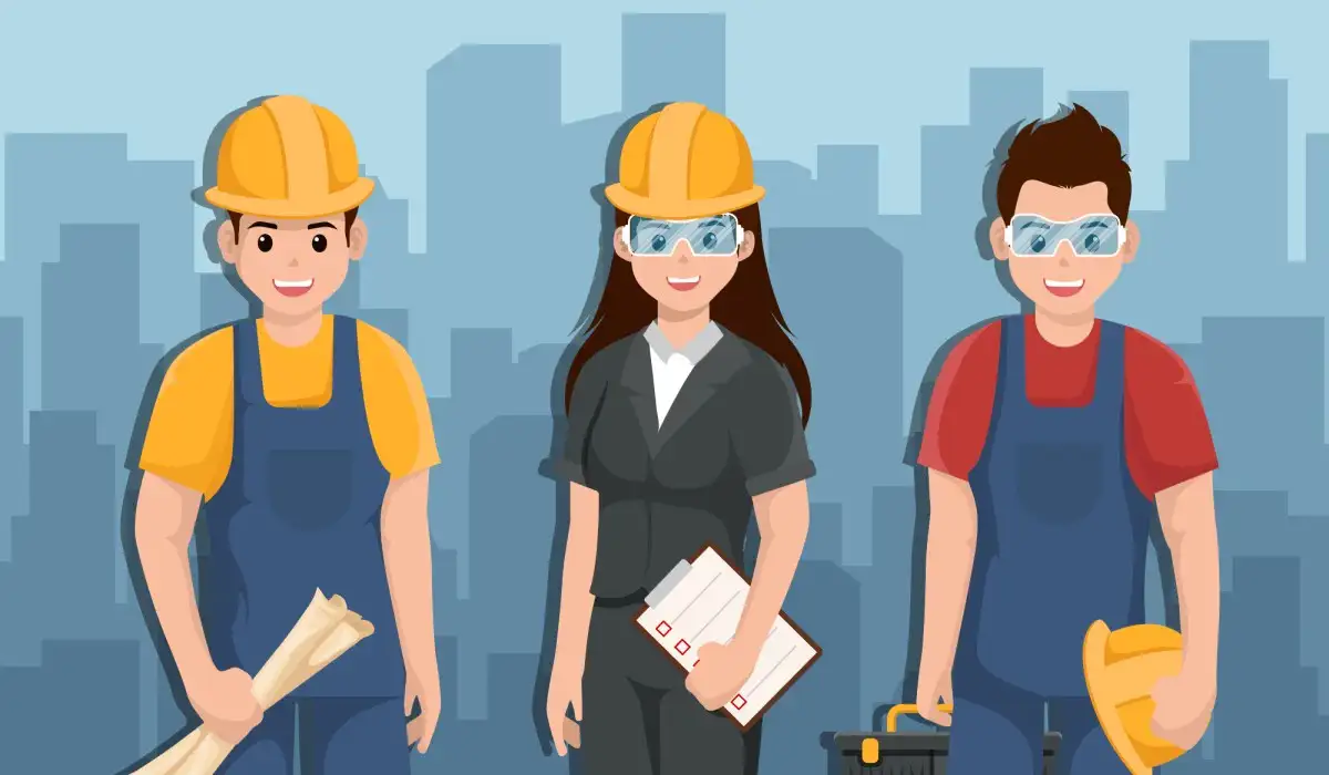 Illustration of three workers, two men and one woman, two of them wearing a safety helmet