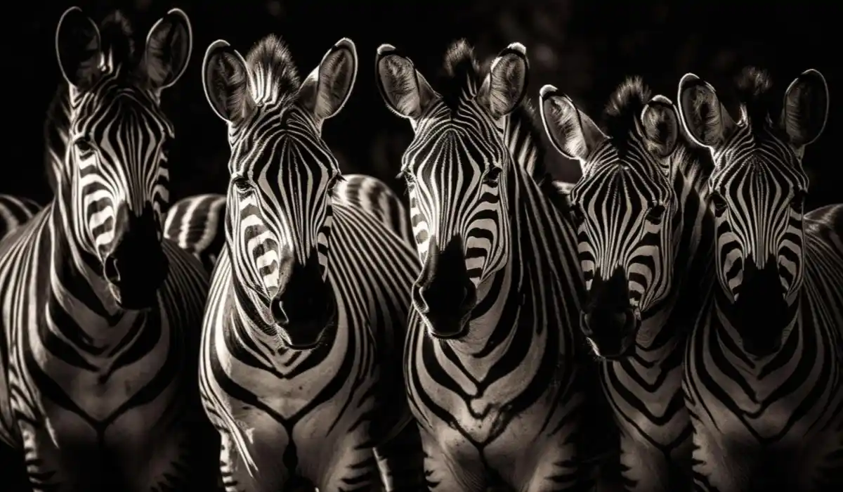 Herd of zebras with a black background