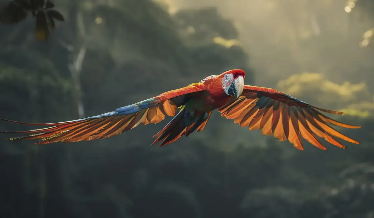 Scarlet macaw flying in the amazon jungle