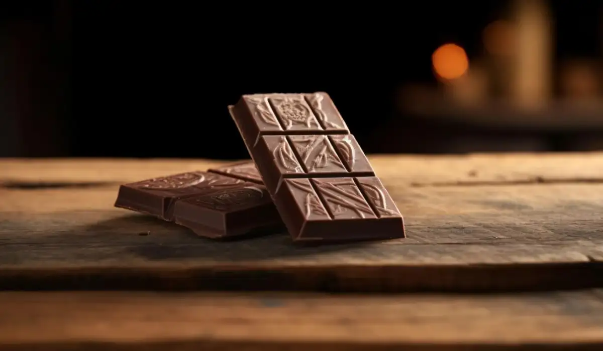 Chocolate bar pieces on a wooden table