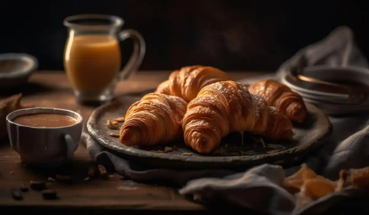 Coffee table with freshly baked croissants with cup of coffee on the side