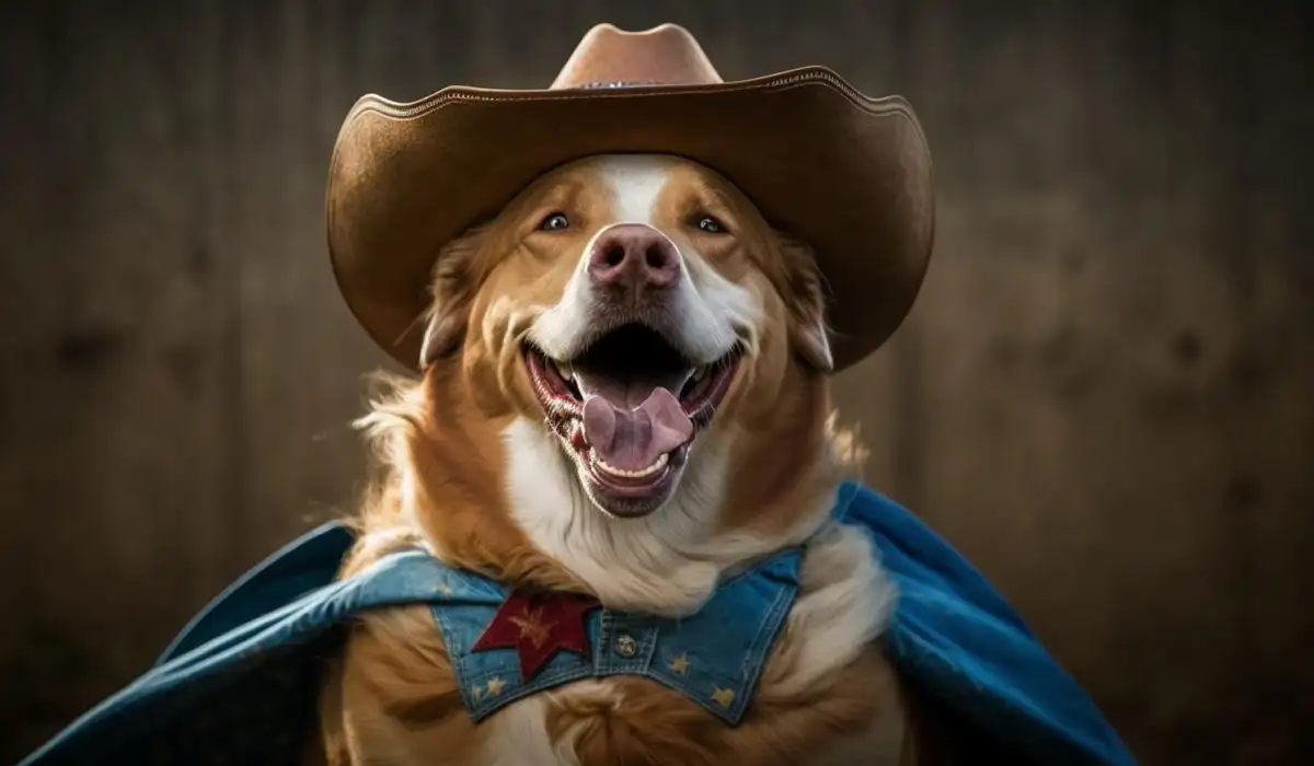 Puppy with a big smile dressed as a cowboy
