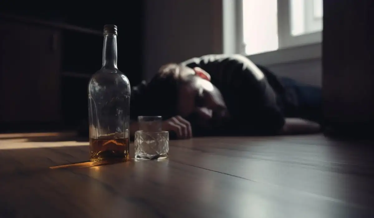 Sleeping man with a hangover next to a bottle of alcohol