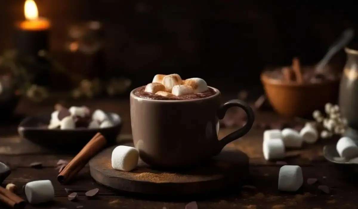 Hot chocolate with marshmallows on a wooden table