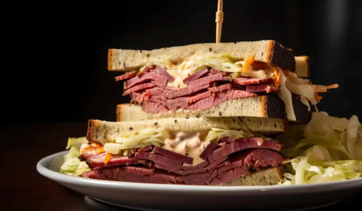 Stacked club sandwich layered with pastrami, Swiss cheese, and coleslaw