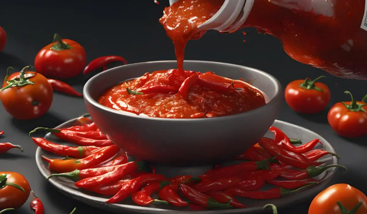 Chili sauce is spilling, onto a plate surrounded by chili peppers