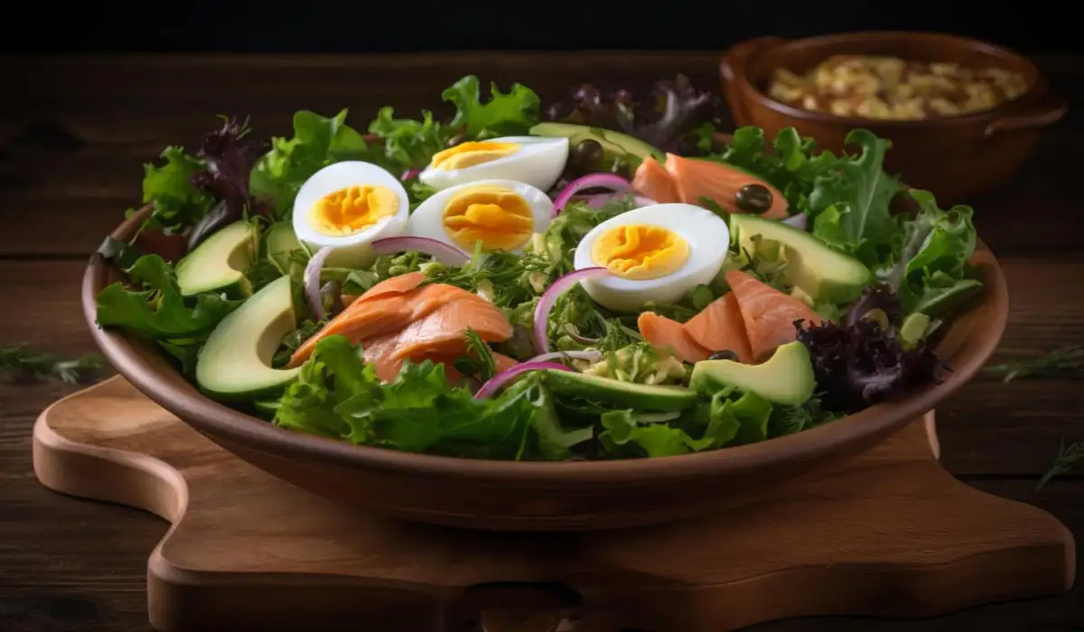 Delicious salad with smoked salmon, boiled eggs, avocado, onion, lettuce.