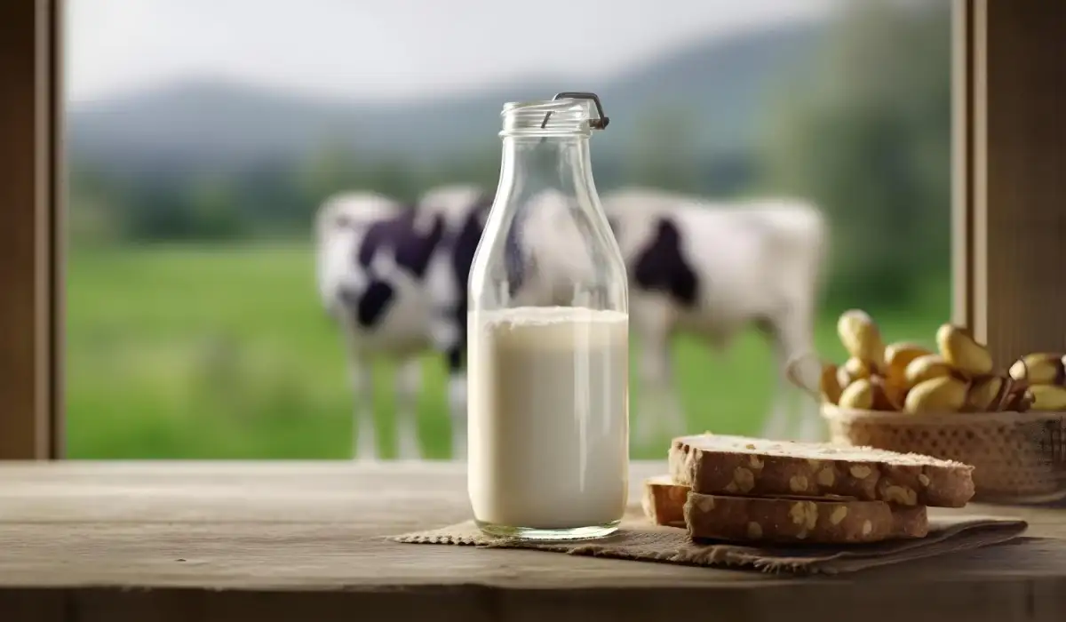 Bottle of milk with cows in the background