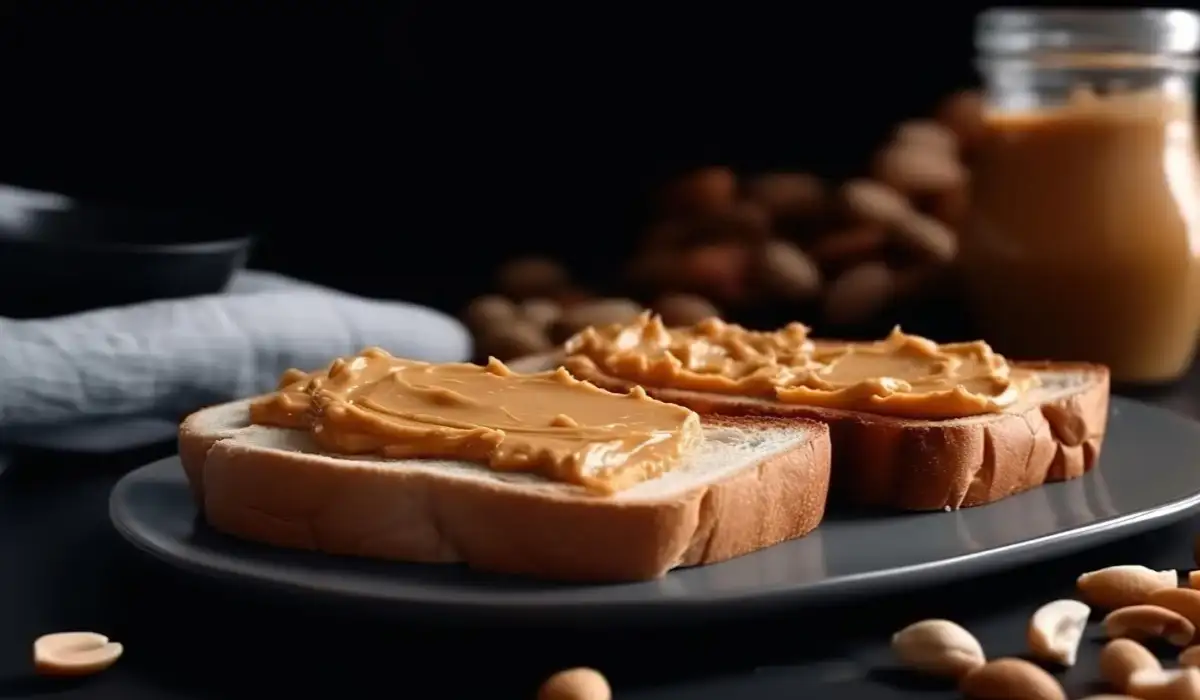 Toasts with peanut butter, with a close-up to these for breakfast
