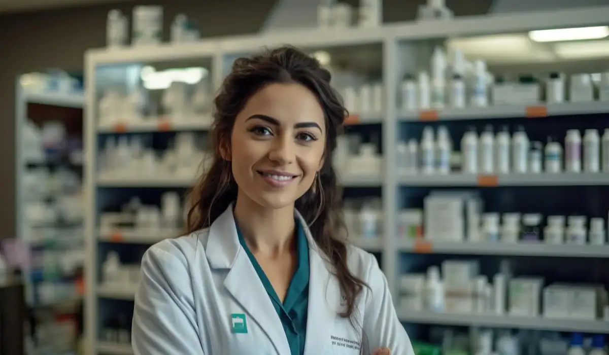 Woman in pharmacy wearing gown in front of medicine shelf