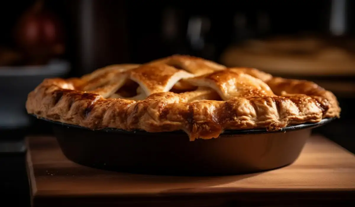 Homemade apple pie with golden crust stuffed with cinnamon