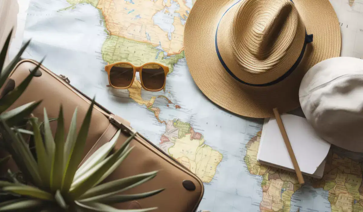 Suitcase, sunglasses, hat and plants on a background map