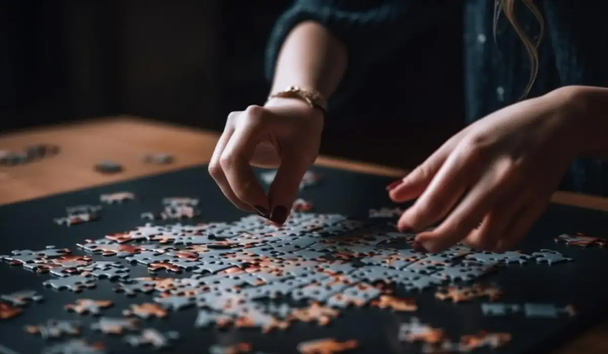 Hand holding a puzzle piece to assemble the puzzle that is on the table