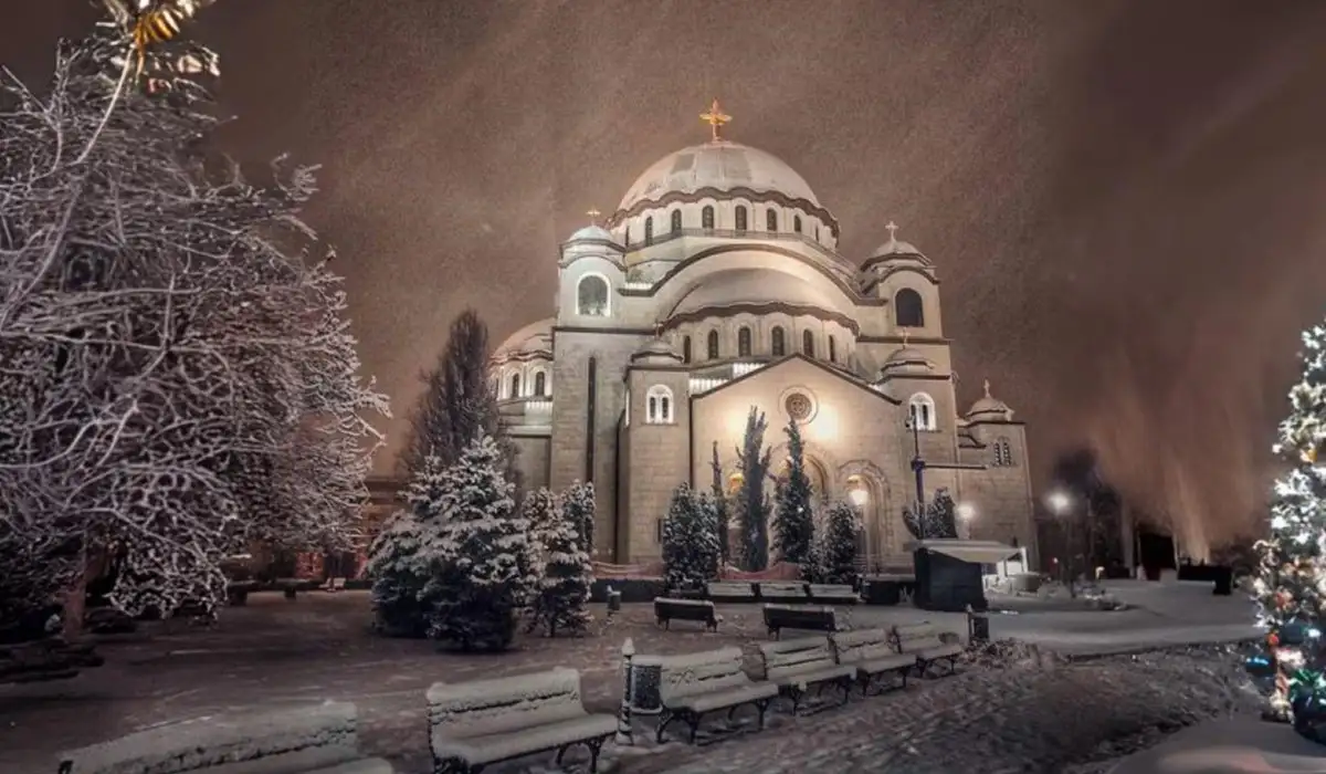 Orthodox church at christmas with snow