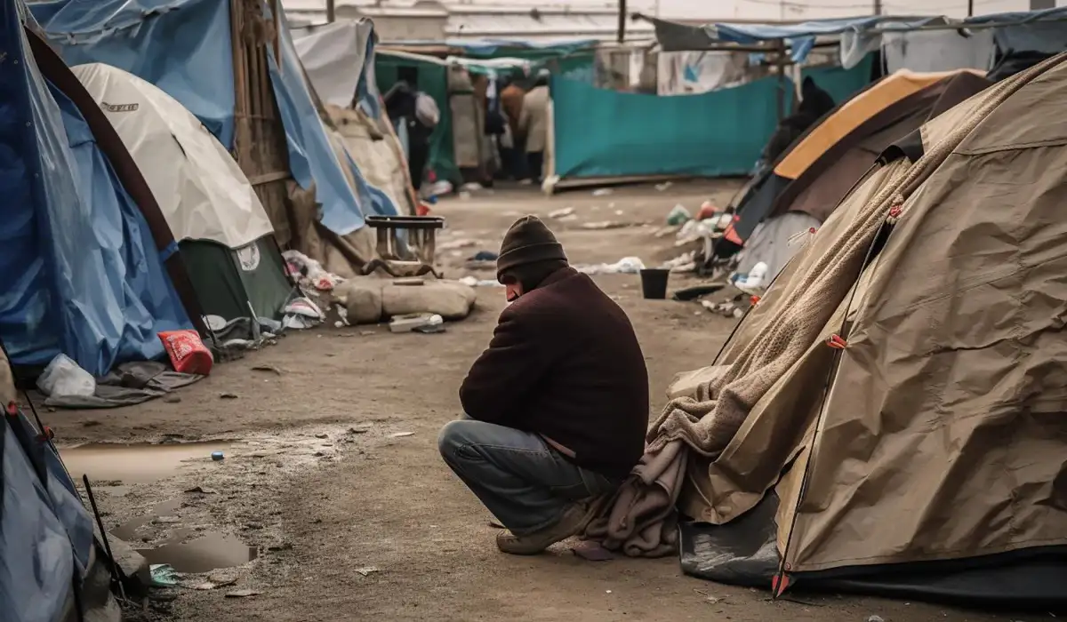 Refugees in a camp in terrible living conditions