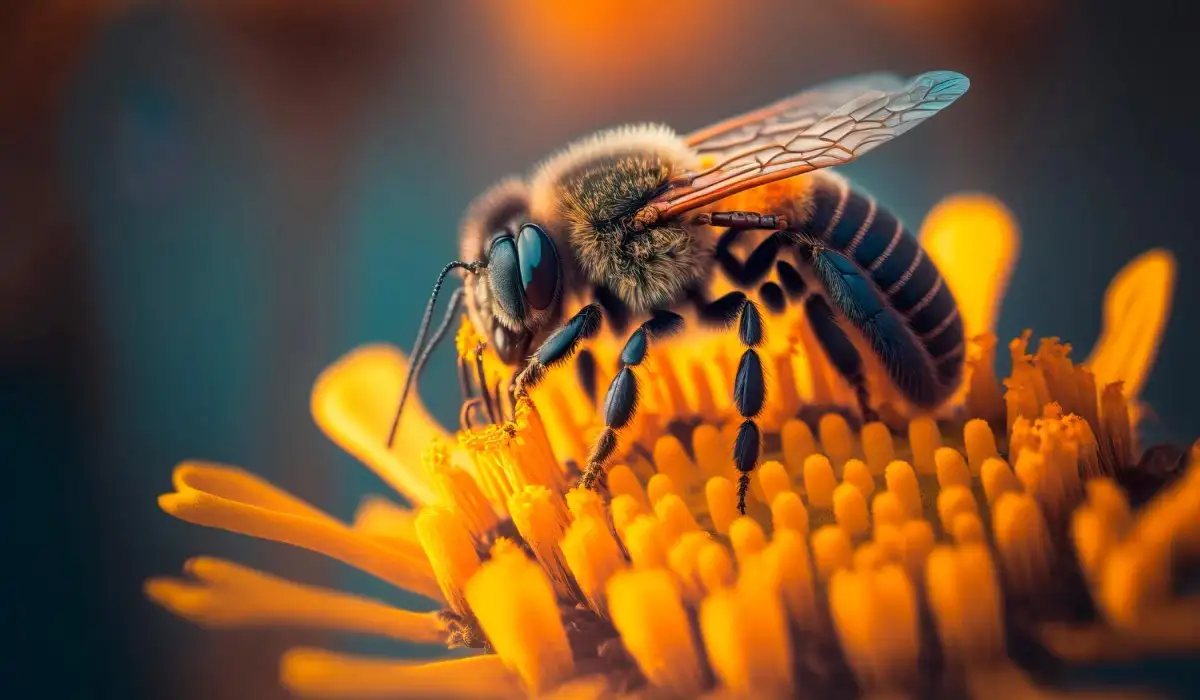 Close up of a bee standing on a yellow flower