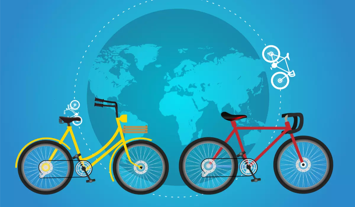 Illustration of two bicycles with a globe of the Earth in the background