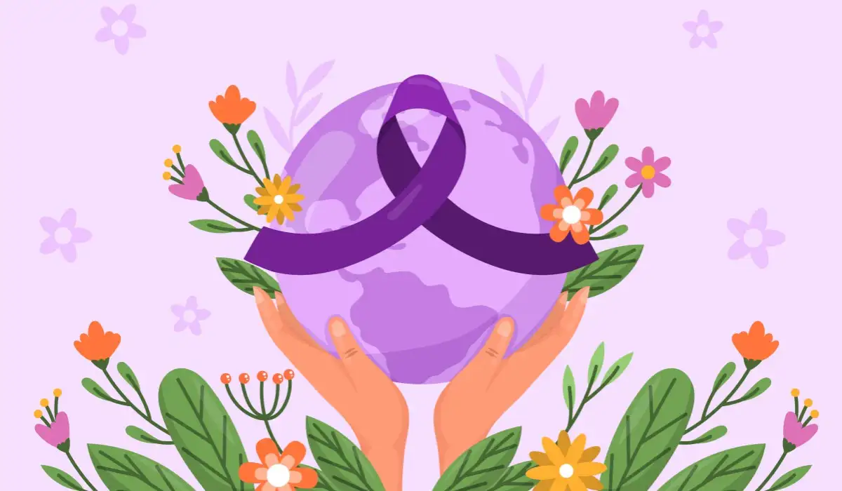 Illustration of two hands holding the Earth with a purple ribon