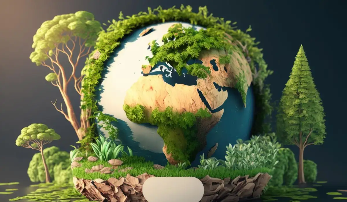 The globe of the Earth surrounded by trees and plants