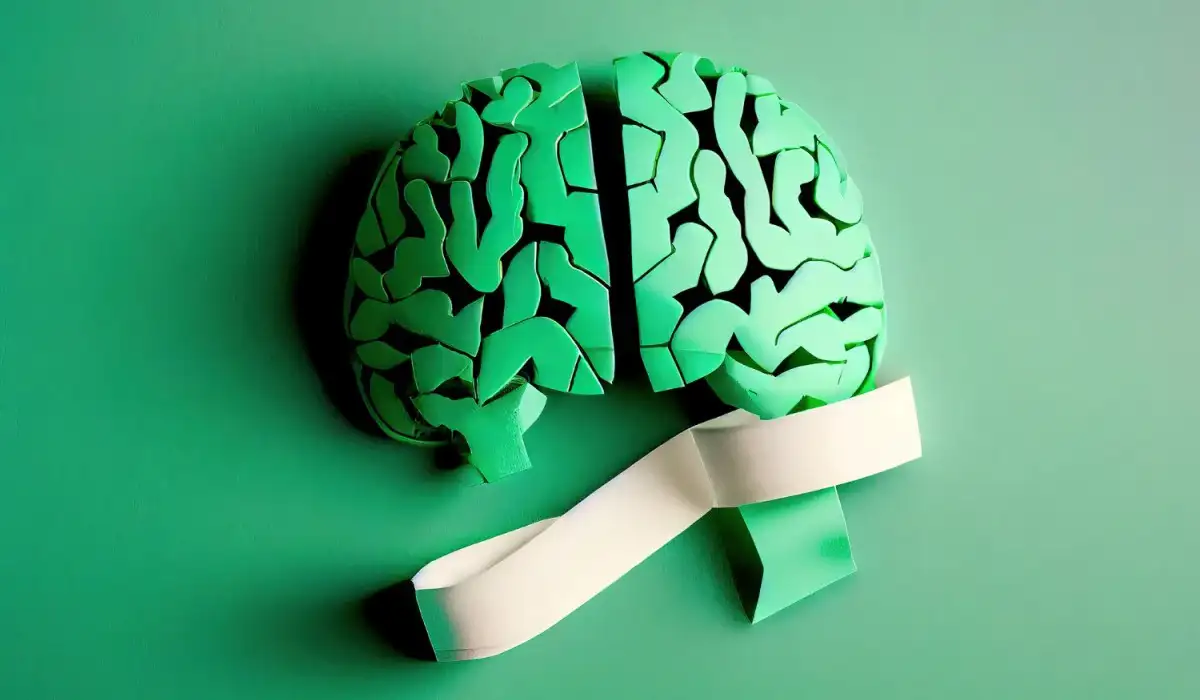 Illustration of a green brain with a ribbon