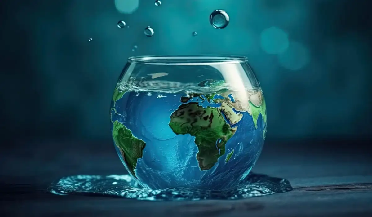 COntainer of water with the map of the world inside