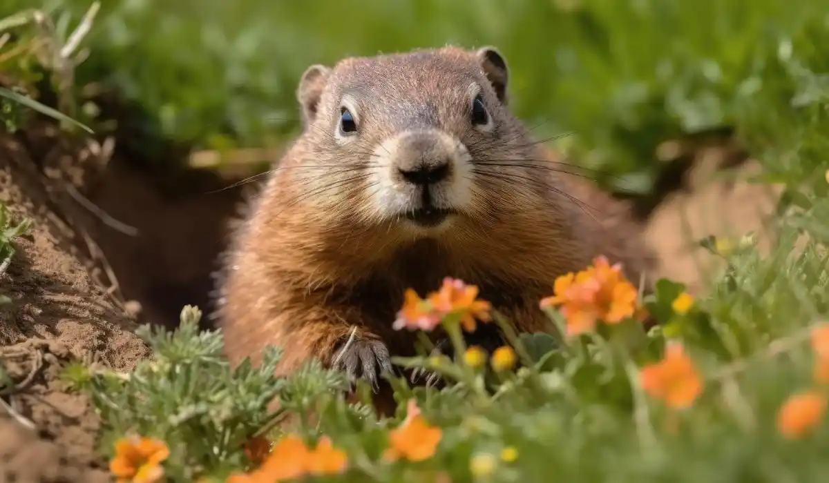 A groundhog in a field of flowers
