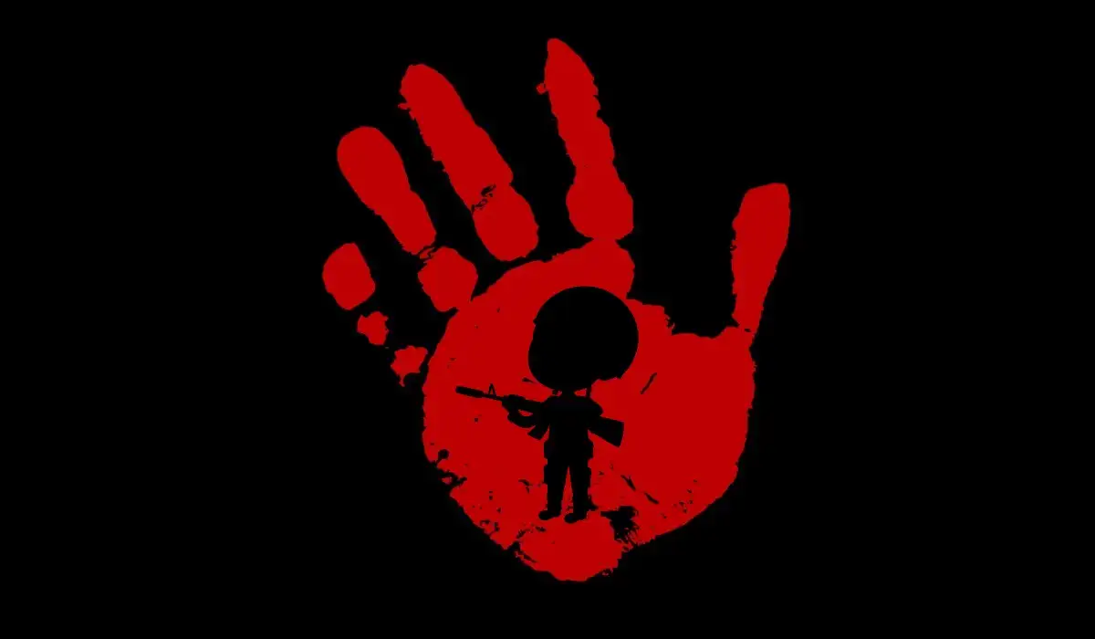 Red hand palm with boy soldier profile and black background