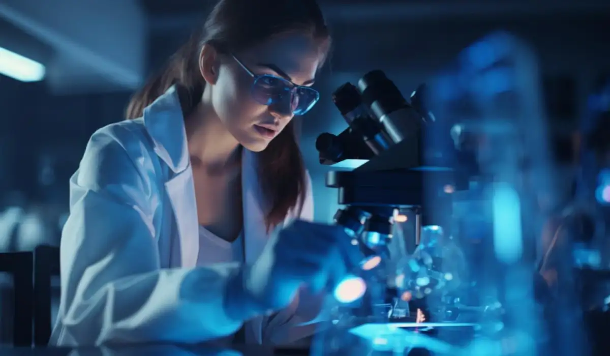 Science Laboratory Portrait of Beautiful women female Scientist Looking Under Microscope