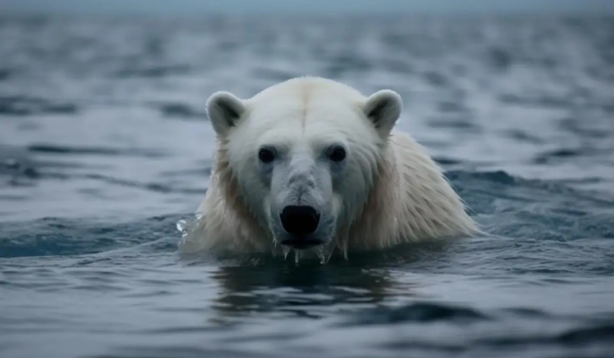 Polar bear stuck in the water, sticking its head out
