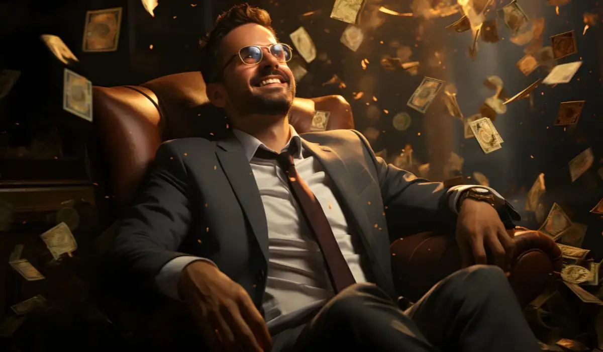 Smiling man sitting in the armchair while money falls because he knows the secret to earn millions