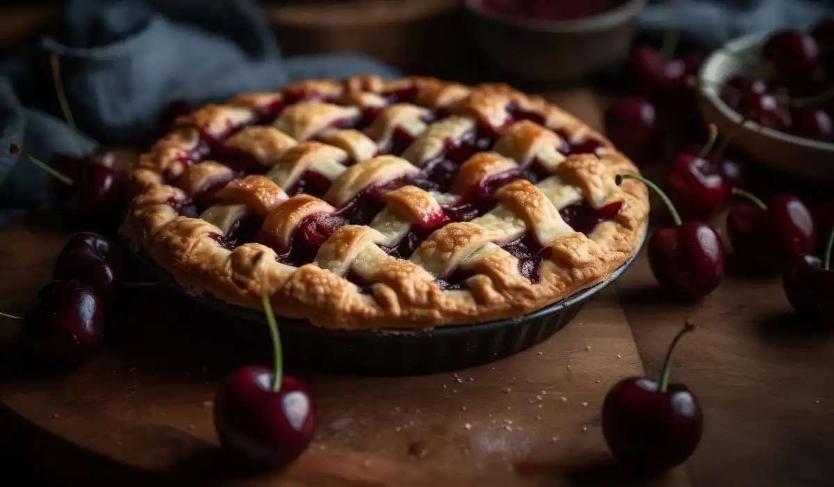 A cherry pie with a crust and cherry jam on top.