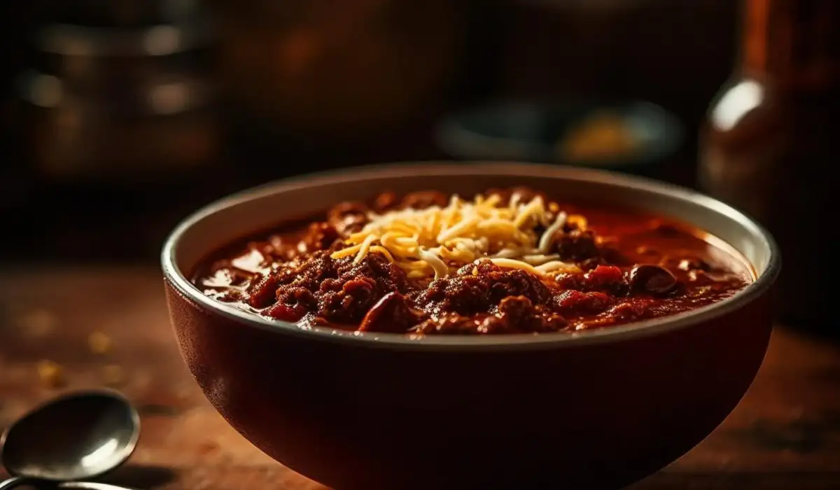 Freshly cooked chili in a rustic wooden bowl