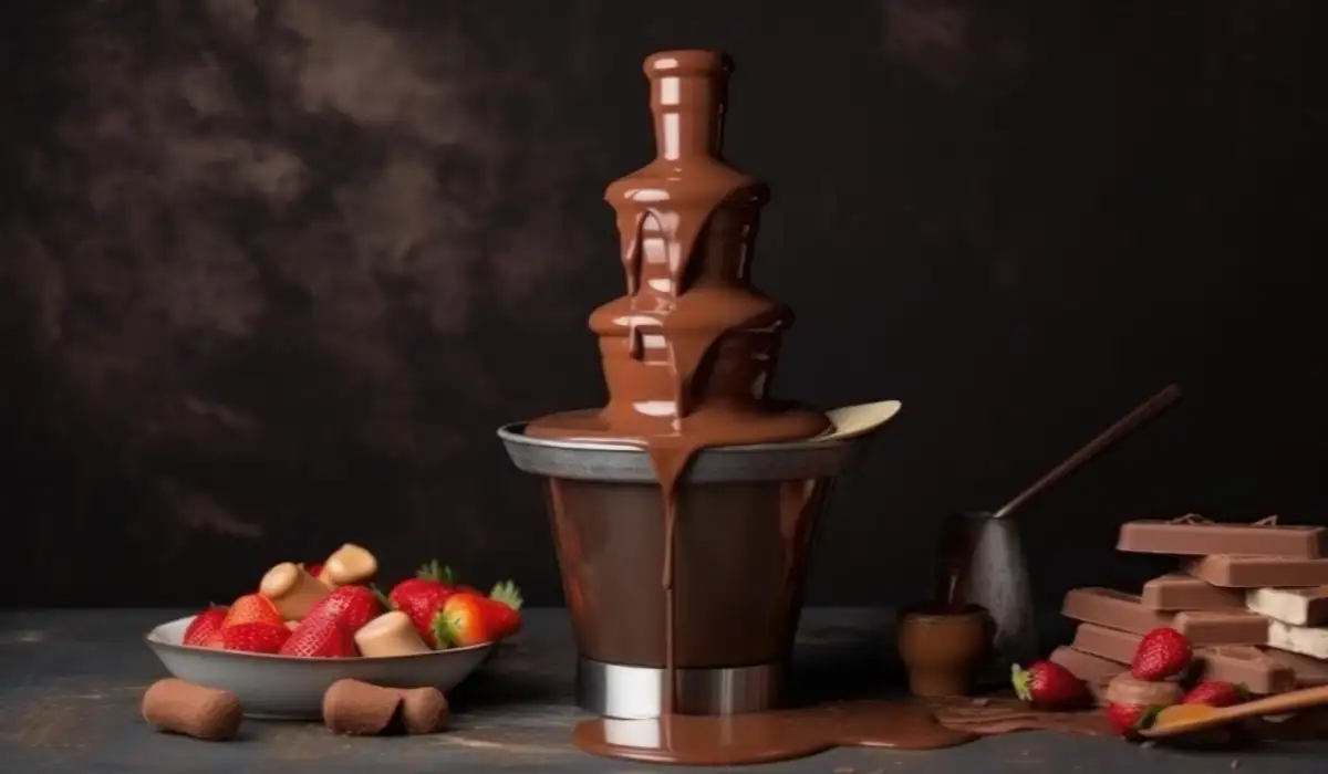 Chocolate fountain with melted chocolate and candy on sticks for dessert