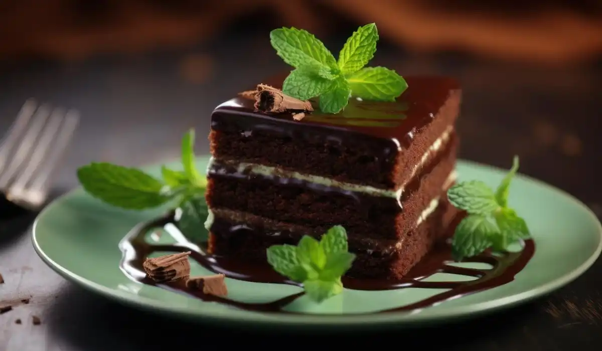 Close up of a chocolate cake with mint on the table