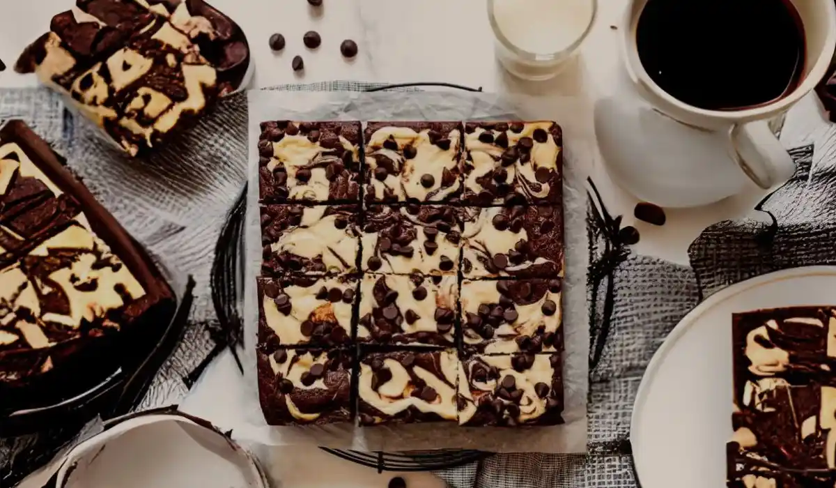 Several cream cheese brownies with a cup of coffee on the side