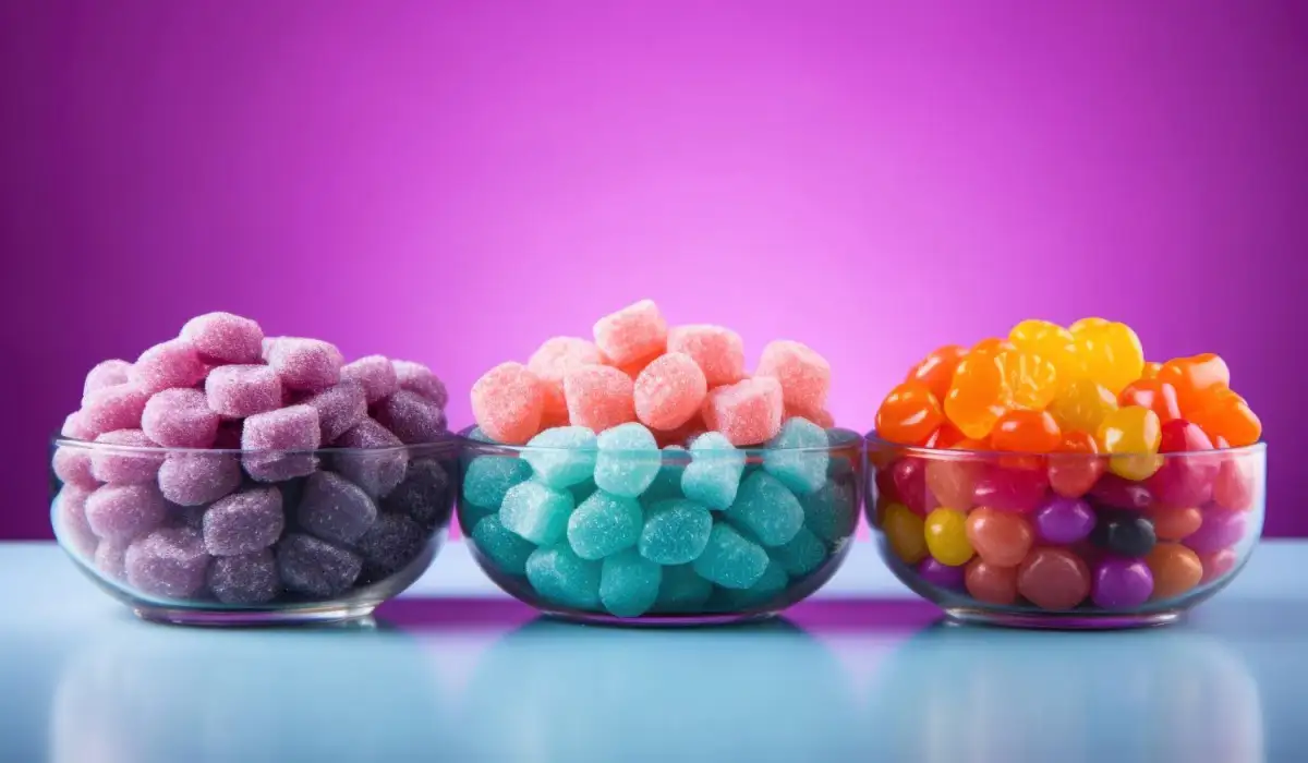 Delicious candy and gumdrop in bowl
